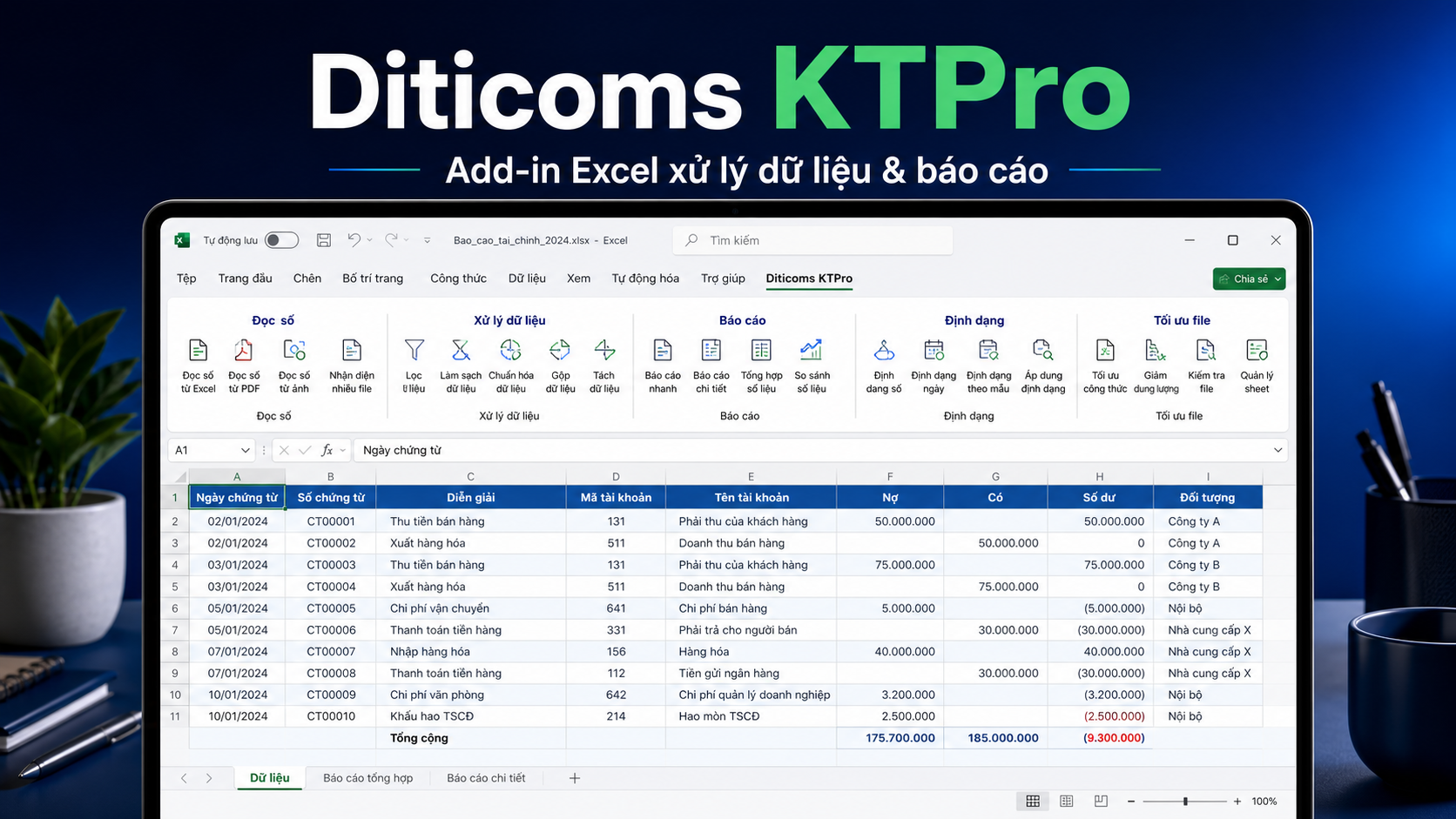 Giao diện Add-in Excel Diticoms KTPro xử lý dữ liệu và báo cáo