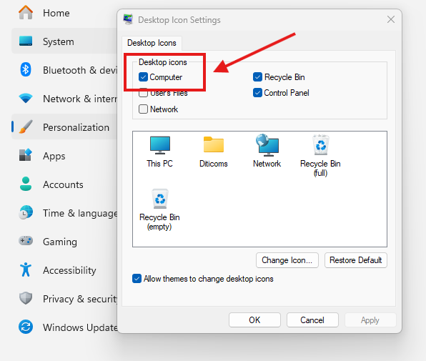 Cách Đưa Biểu Tượng This PC Ra Desktop Khi Windows 11 Chưa Active 2 Cửa sổ Desktop Icon Settings sau khi chạy lệnh desk.cpl,,5 trên Windows 11