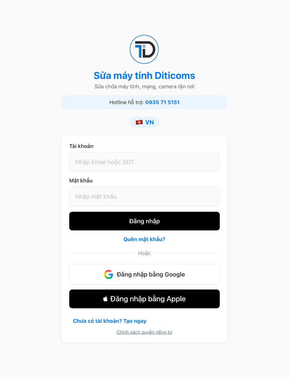 Sửa máy tính Diticoms: tải ứng dụng Android và iOS 2 Màn hình đăng nhập Diticoms với email hoặc số điện thoại, mật khẩu và các lựa chọn Google, Apple