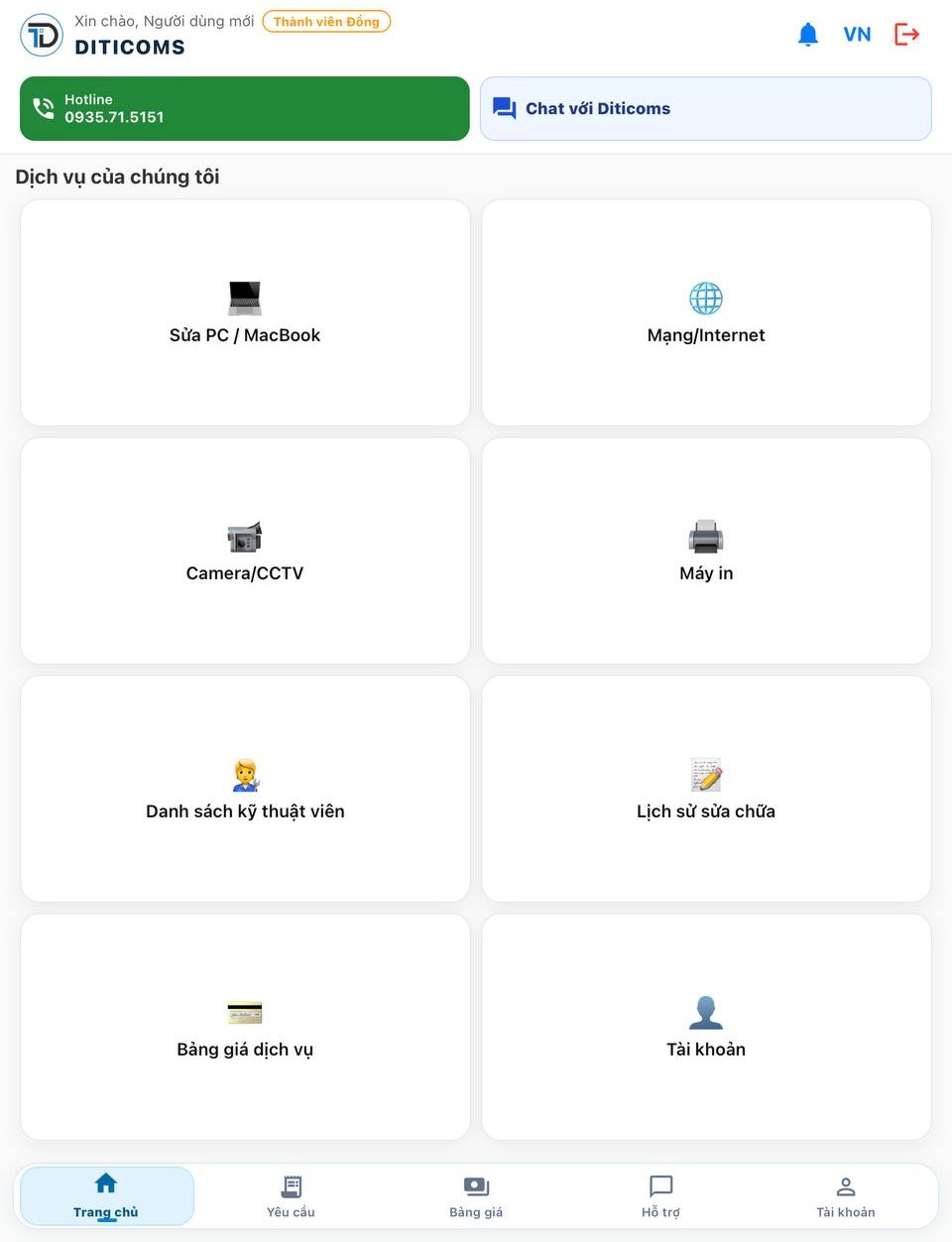 Sửa máy tính Diticoms: tải ứng dụng Android và iOS 1 Trang chủ ứng dụng Diticoms với các nhóm dịch vụ máy tính, máy in, mạng Internet và camera